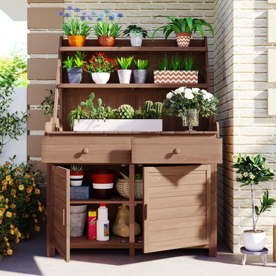 

Garden potting bench table for outdoor use, fir wood, brown, with storage shelf, drawer and cabinet