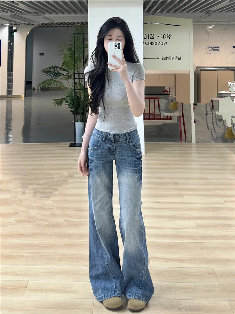 

Американские ретро-джинсы синего цвета с широкими штанинами, женские, весна-лето, свободные, струящиеся, выцветшие, с высокой талией, удлиненные, с низкой посадкой