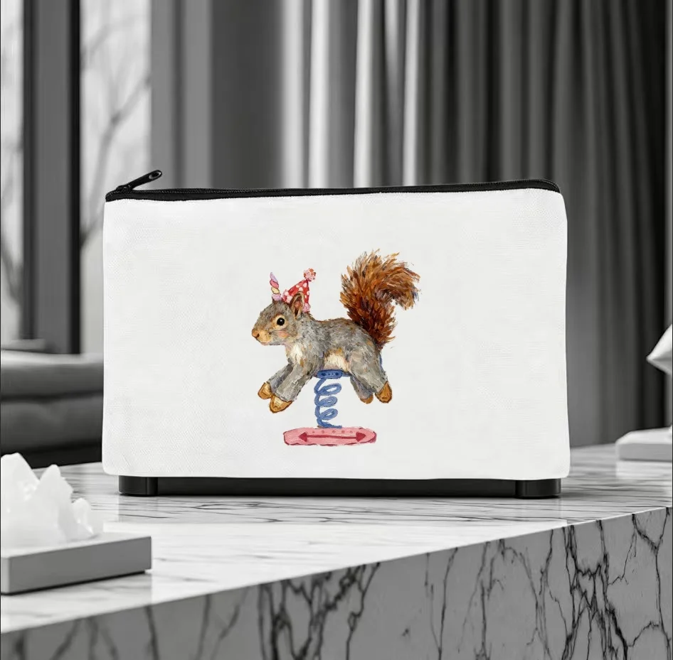 1PC Funny Playful Animal Squirrel Spring Toy Canvas Pencil Case Unisex Portable Zipper Cosmetic Storage Bag