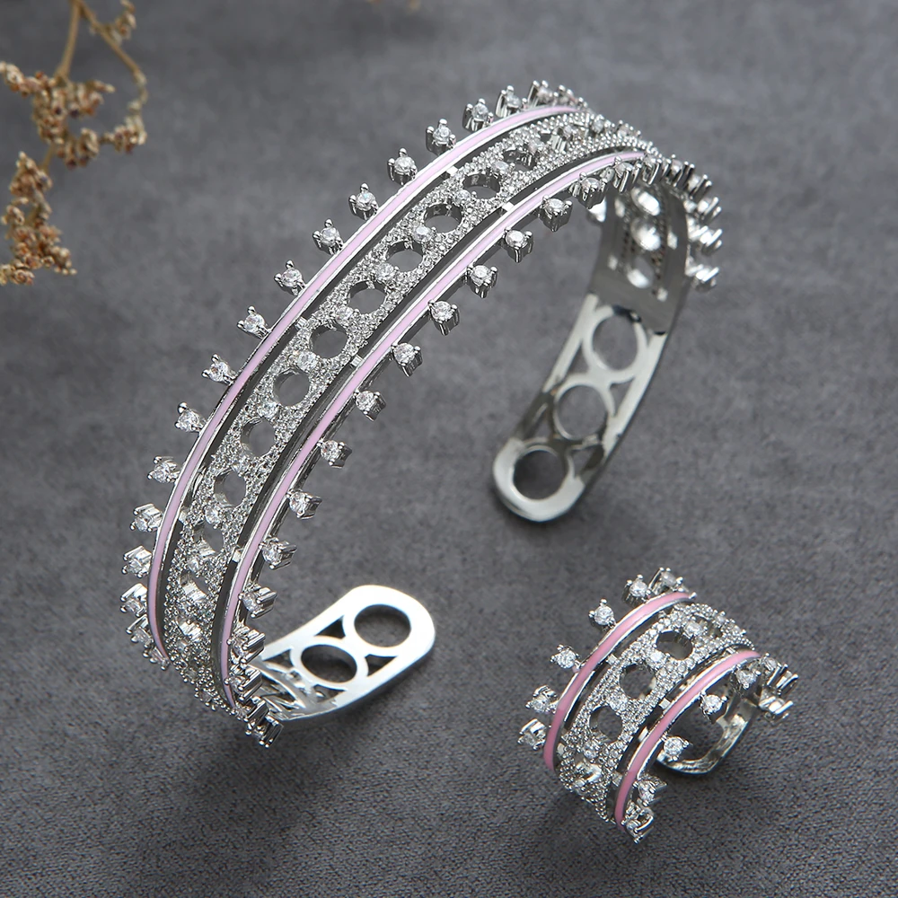 Luxury 2PCS Dubai Bangle Ring Set Fashion Jewelry For Women Wedding Engagement Brincos Para As Mulheres HXS018 S336
