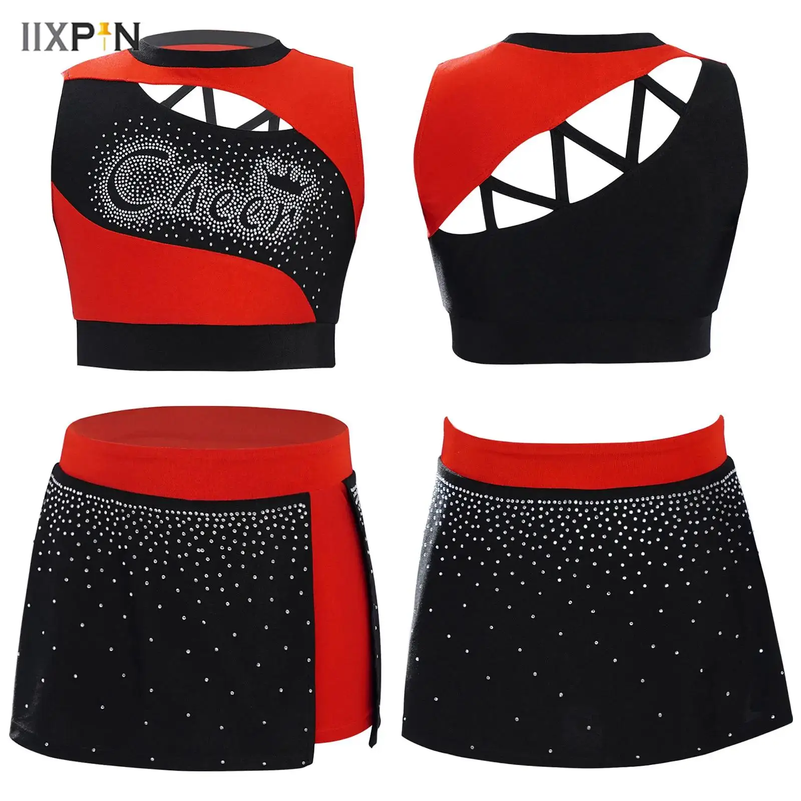 

Kids Girls Cheerleading Dance Outfit Sleeveless Cutout Sparkling Rhinestones Crop Top+Side Slit Skirt Cheerleader Uniform 2Pcs
