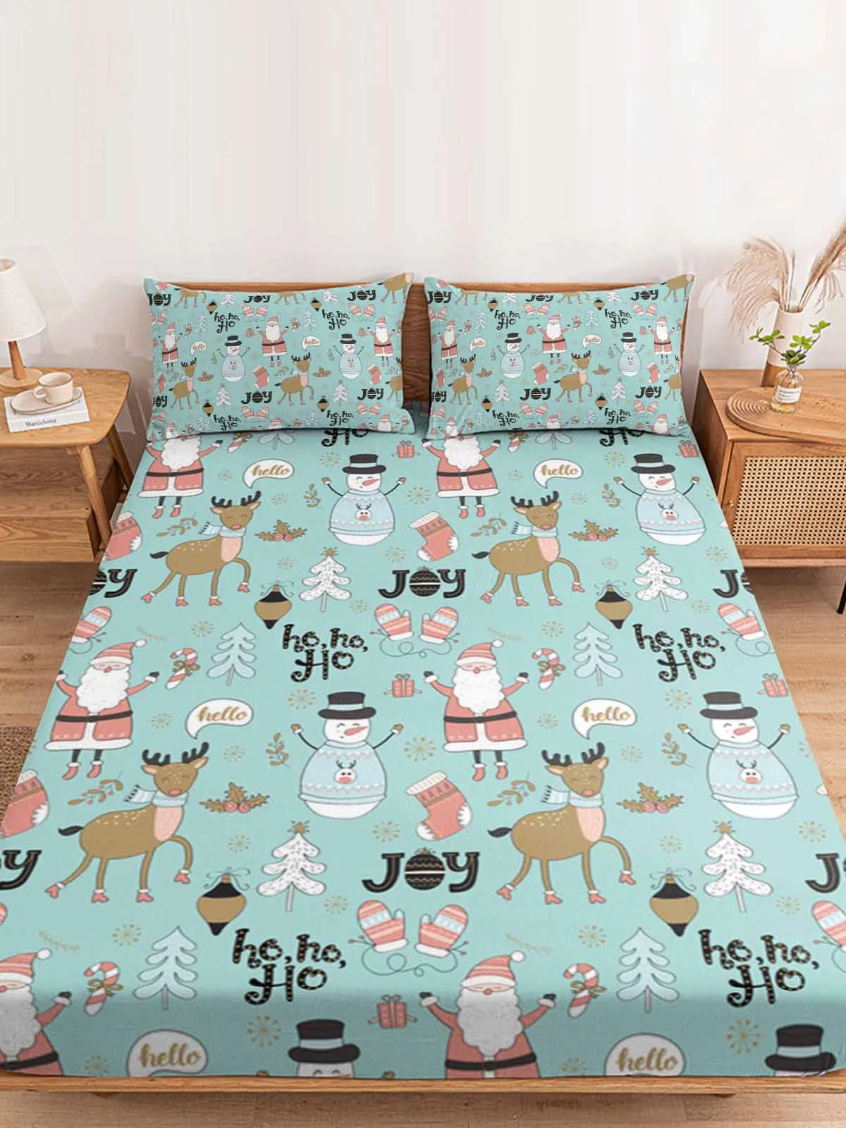 

Santa Claus Deer Snowman Queen Size Bed Mattress Fitted sheet Elastic Rubber Band Non-slip Bed Sheet Pillowcase Set