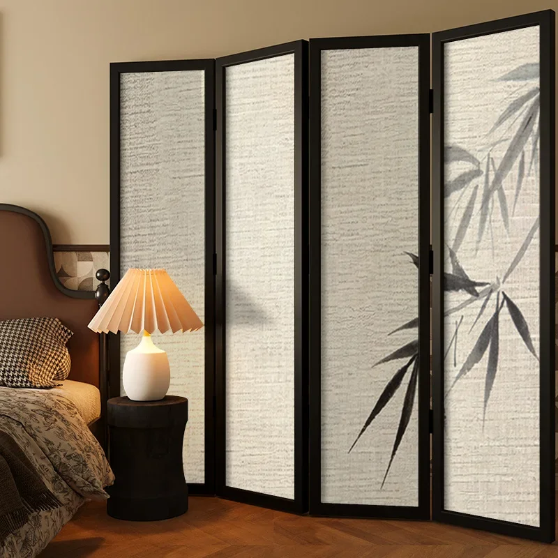 Modern simple Chinese artistic conception screen partition living room folding mobile blocking zen bamboo decoration solid wood