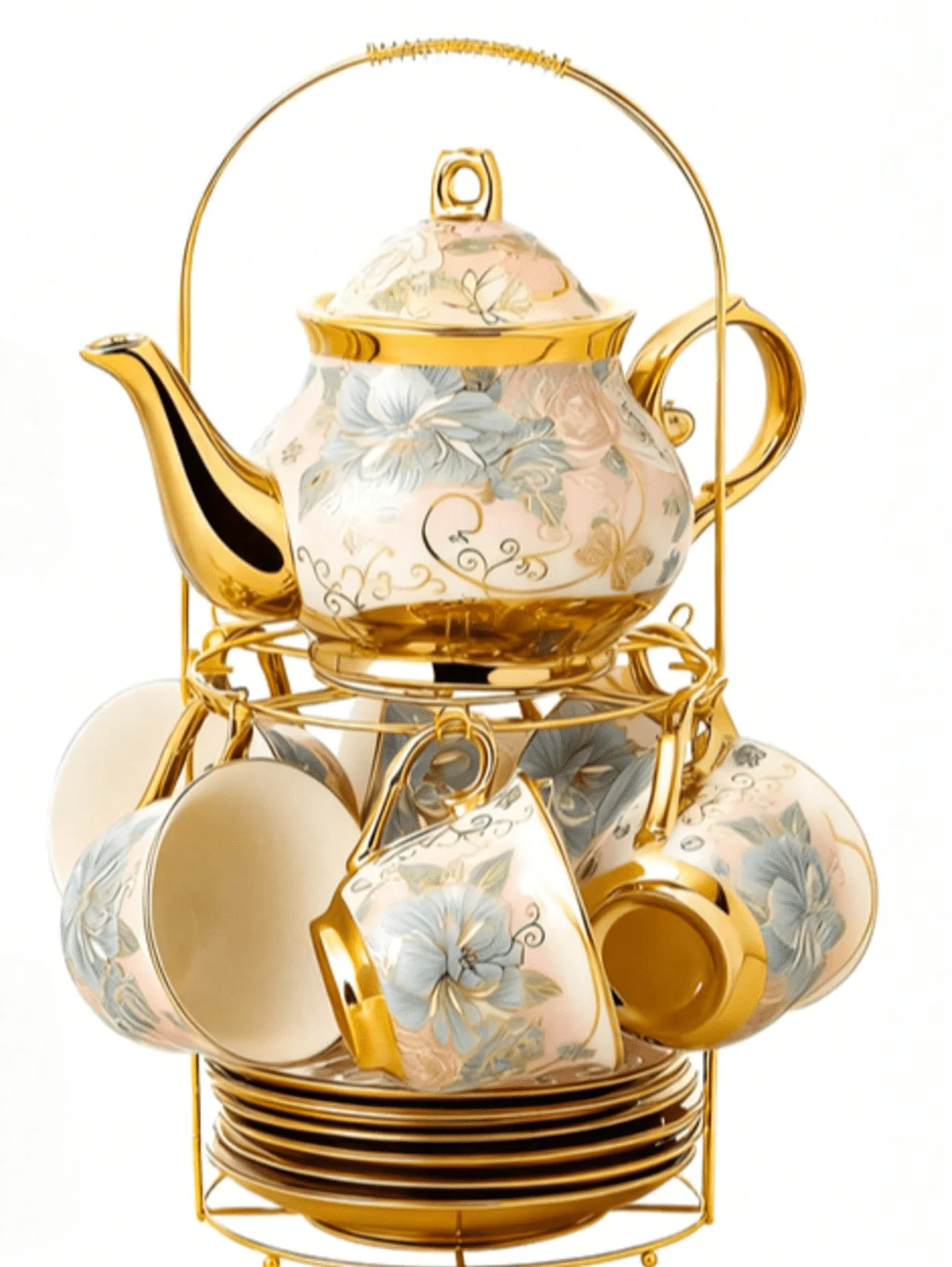 20 Pcs Porcelain Tea Set With Metal Holder, Adult Tea Set Gift, European Ceramic Tea Set For Adults, Flower Tea Cup Saucer Set For Spring Outing & Easter Party With Gold Flower Painting