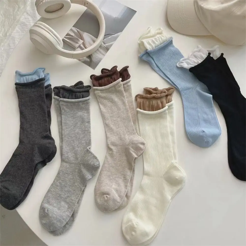 Casual Cotton Mid-tube Socks Breathable Morandi Color Double Ribbed Socks Comfortable Long Pile Stocking