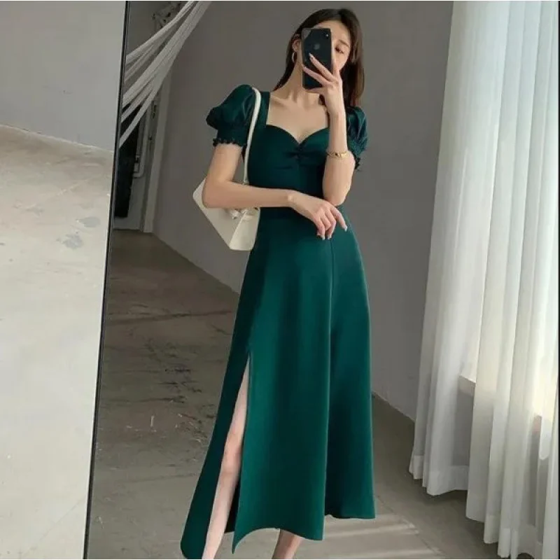 

Dress Women's Long Skirt Bubble Sleeves Square Neck Hepburn Style Sweet Retro A-line Slit Skirt