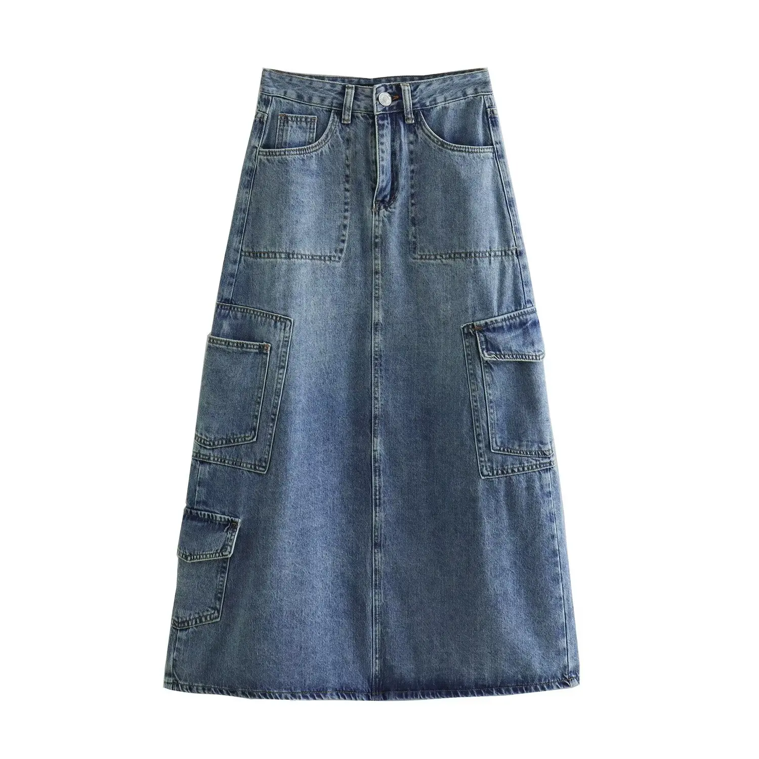 Jupe en tissu denim taille haute pour femmes, jupe à fermeture éclair rétro, décoration de poche Joker, outillage décontracté, nouvelle mode, 2024