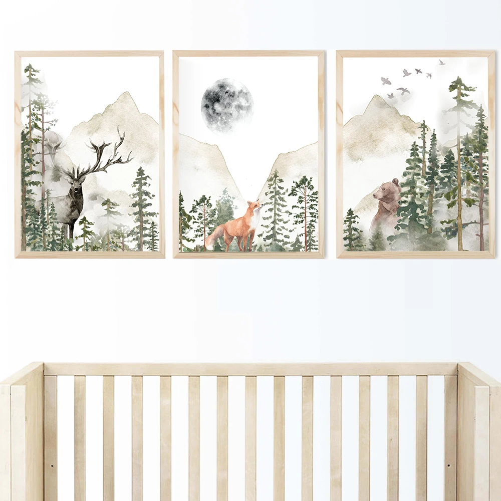 Forest Woodland Animal Fox Bear Nursery Wall Art Canvas Mural Painting Nordic Posters And Prints Pictures Baby Child Room Decor