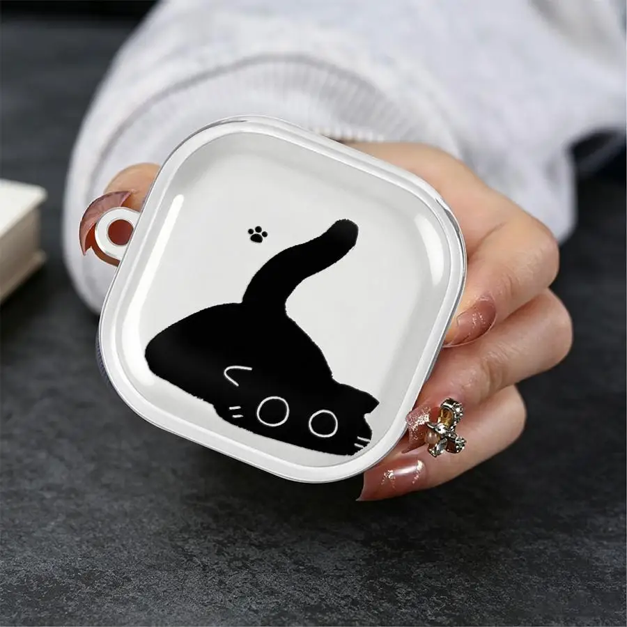 Black Cat Doodle Print Case For Samsung Galaxy Buds 2 Live 4 Pro 4Pro 2Pro 3 FE 3Pro Clear Earphone Cases Cover With Hook view 4