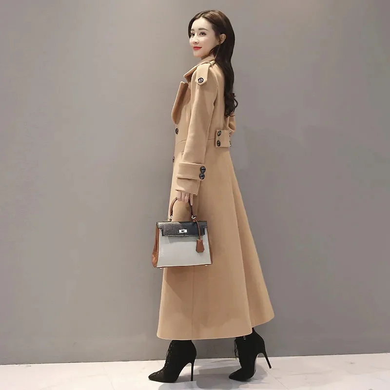 

2023 autumn and winter new Korean version waist slimming woolen coat women's thick coat long over the knee woolen coat