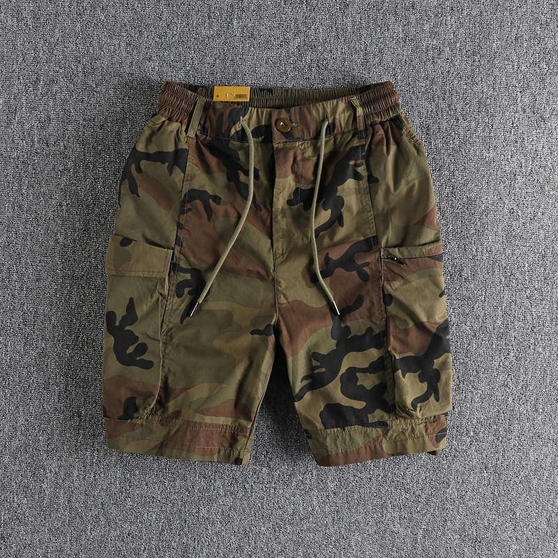 Summer American Retro Camouflage Cargo Shorts Men\'s Fashion 100% Cotton Washed Big Pocket Casual Loose Straight 5-point Pants