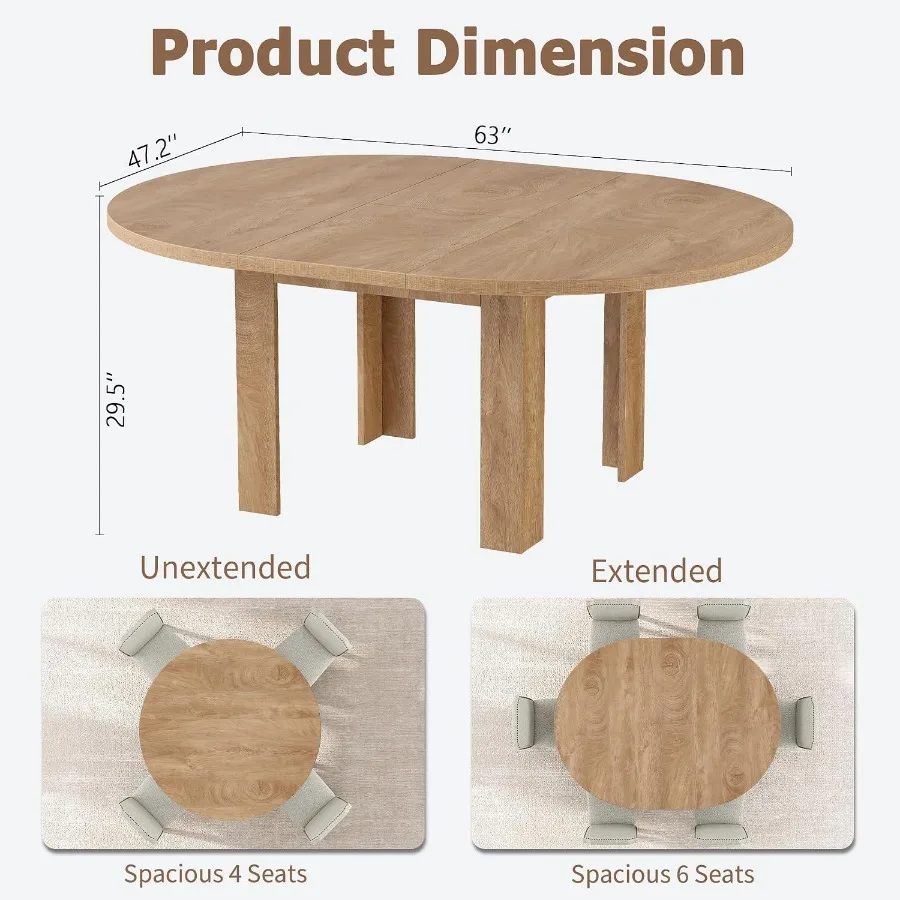 47 in-63 in Extendable Round to Oval Dining Room Table for 4-6, Sturdy Farmhouse Kitchen Table with 4 Robust l-Shaped Legs, Woo