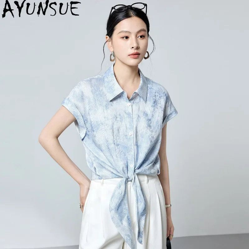 AYUNSUE Silk and Cotton Blend Women's Blouses and Shirts Fashion Short Sleeve Tops for Woman Summer Lace-up Blouse Woman Clothes
