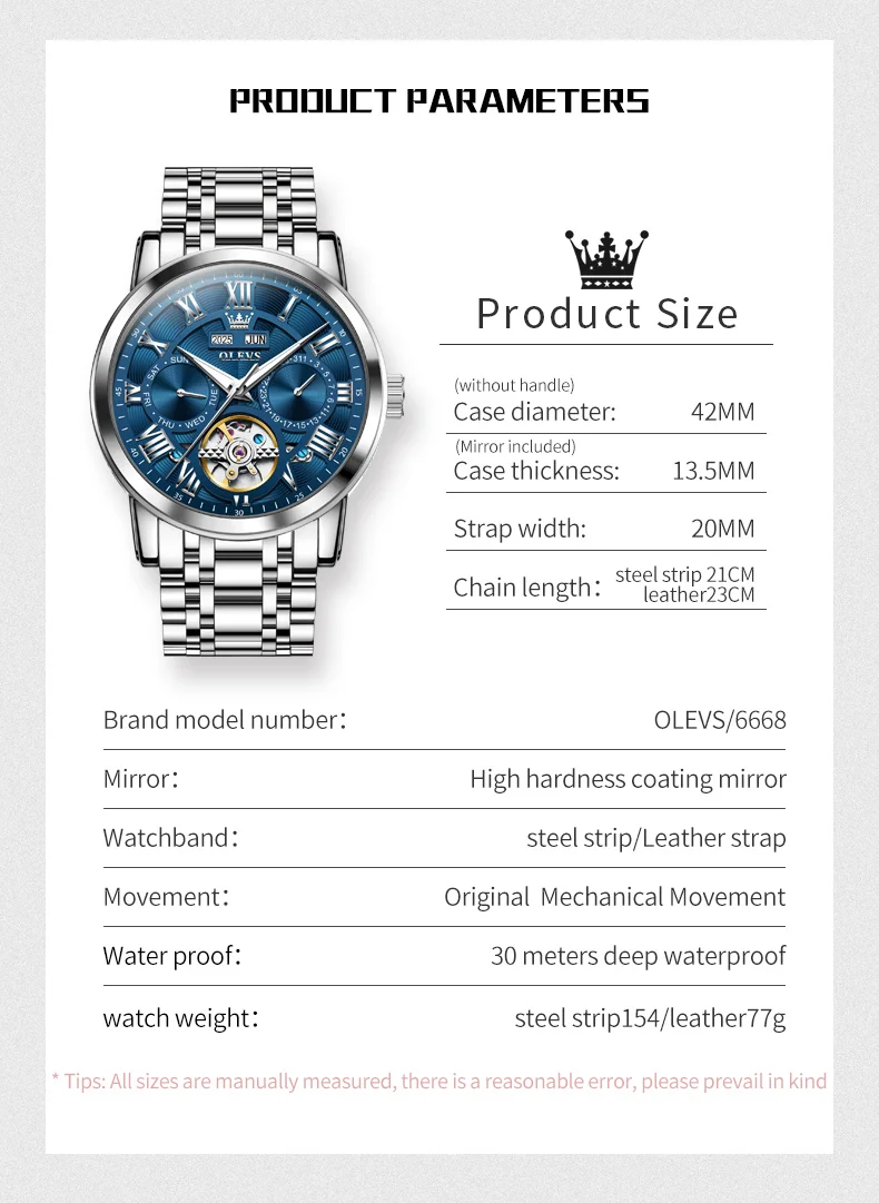 OLEVS 6668 ساعة رجالية أصلية متعددة الوظائف هيكل عظمي مقاوم للماء حزام من الفولاذ المقاوم للصدأ ساعات آلية أوتوماتيكية للأعمال