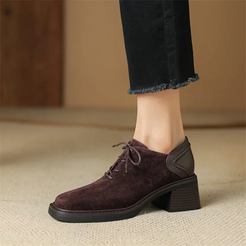 New Spring Autumn Sheep Suede Lace Women Loafers Square Toe Chunky Heel Shoes Comfort Women Pumps Shoes for Women High Heels