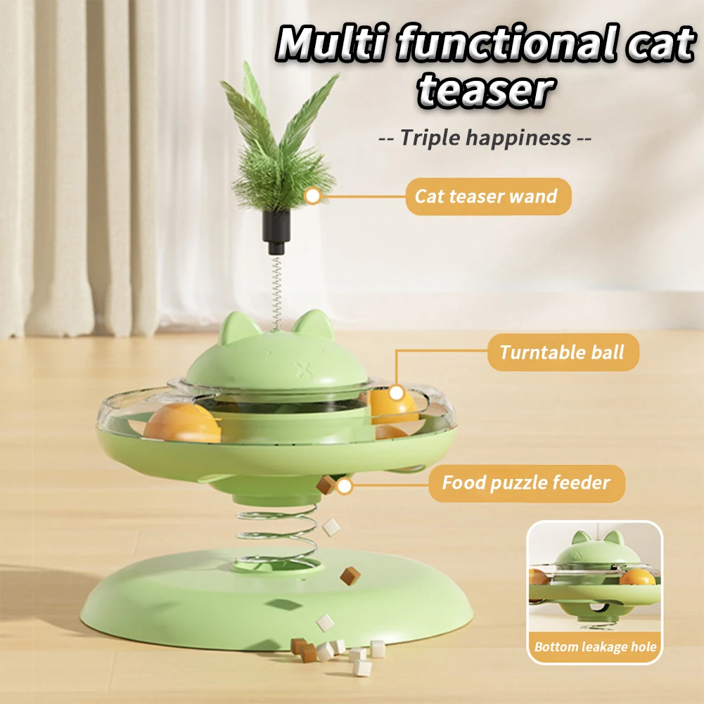 Interactive Plume Cat Teaser Spring Turntable Kitten Toy Kitty Food Dispenser Roller Turntable Ball Toy For  Kitty Cats Chase