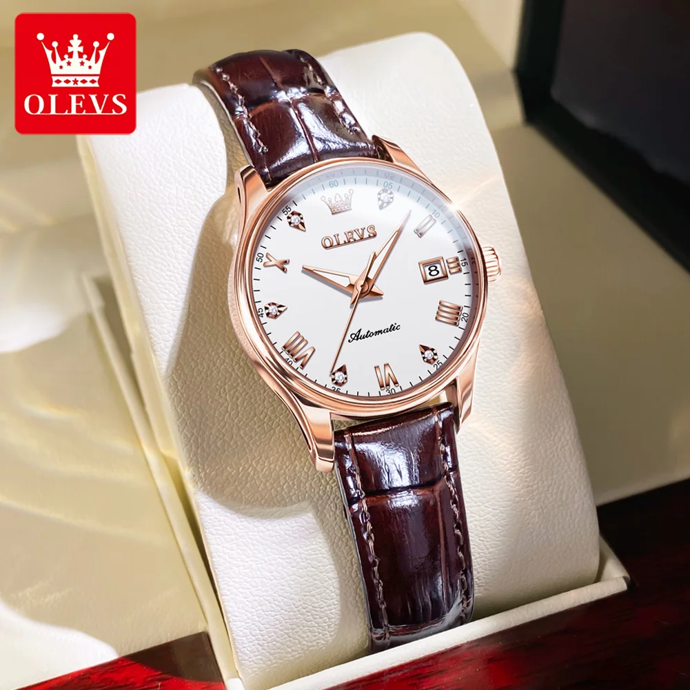 

OLEVS 2024 New Automatic Winding Women Watch Genuine Leather Waterproof Date Mechanical Wristwatch Ladies Relogio Feminino