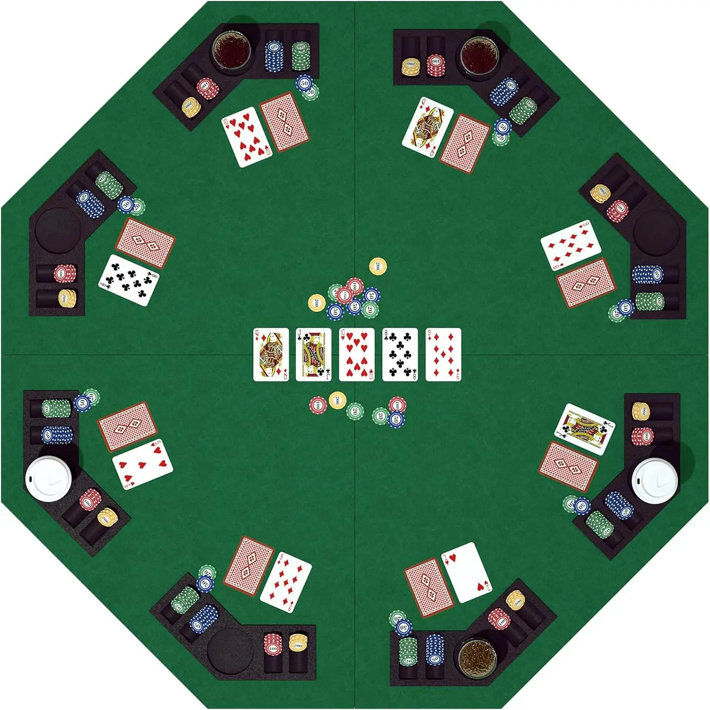 

48" Octagon Poker Table Topper for 8 Players with Chips Tray & Cup Holders, Foldable Texas Hold'em Mat with Carrying Bag, Green