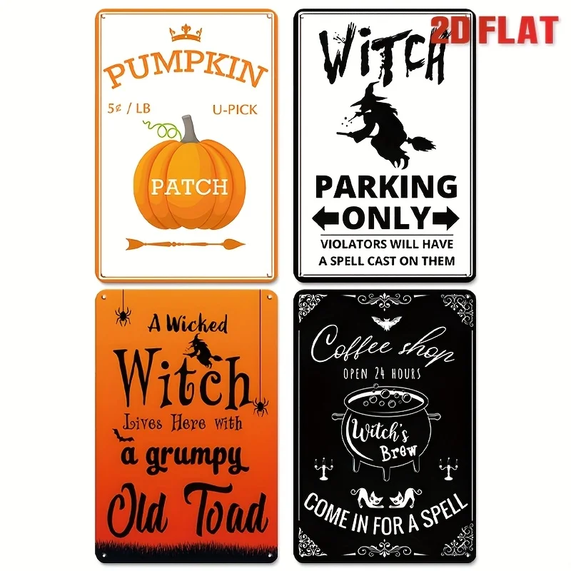 2D Flat - 4pcs Retro Halloween Metal Sign Set, A Total Of 4pcss, Including Potion And Soul Themes, Featuring Witches, Boilers