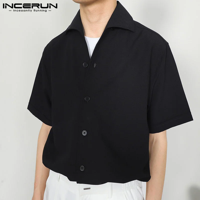 INCERUN Tops 2024 Korean Style New Men\'s Solid Well Fitting Lapel Blouse Casual Simple Male All-match Short Sleeved Shirts S-5XL