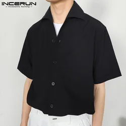 INCERUN Tops 2024 Korean Style New Men's Solid Well Fitting Lapel Blouse Casual Simple Male All-match Short Sleeved Shirts S-5XL