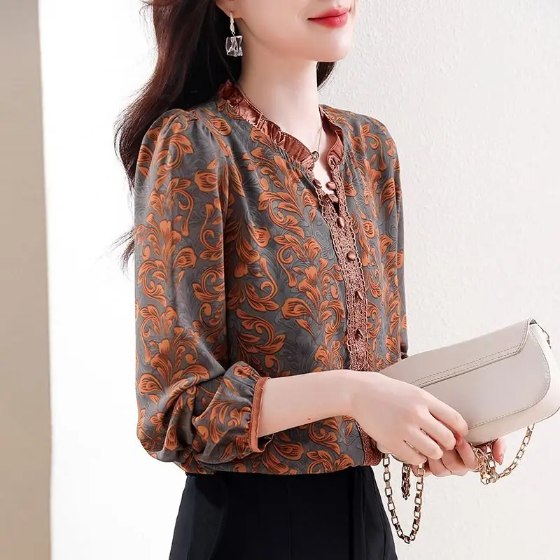 Women Korean Fashion Vintage Print Ruffle Blouse Elegant Chic Lace Patchwork Shirts Casual V Neck Long Sleeve Loose Tops Blusas