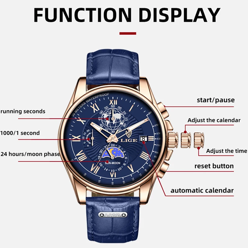 2024 LIGE New Blue Leather Mens Watches Top Brand Luxury Waterproof Watch For Men Sport Date Quartz Wristwatch Relogio Masculino