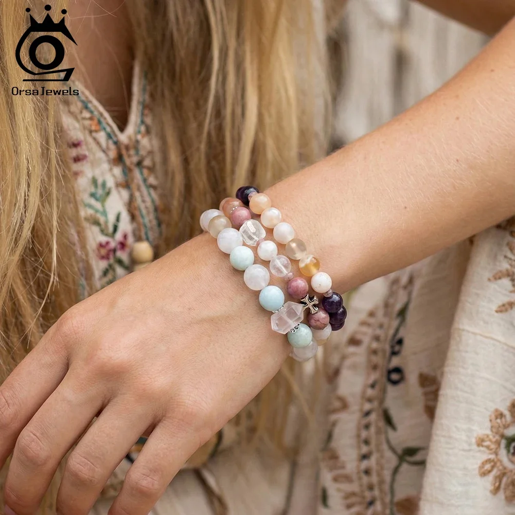 ORSA JEWELS Natural Agate & Amethyst Stone Healing Crystal Bracelet Women S925 Beads Wrist Chain Elastic Rope Jewelry GMB101 5