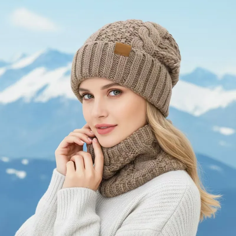 Winter Women Knitted Hat Scarf Set Warm Thick Wool Beanie Ear Protection Outdoor Cold Weather European American Classic Style