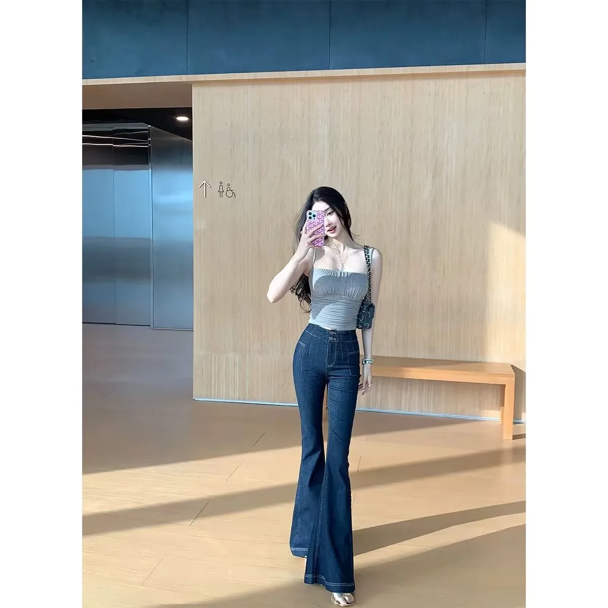 

Skin-Friendly Cotton Denim High-Waist Bell Bot Women's Jeans Butt-Lifting Long Trousers Comfortable Stretchy Blue Jeans