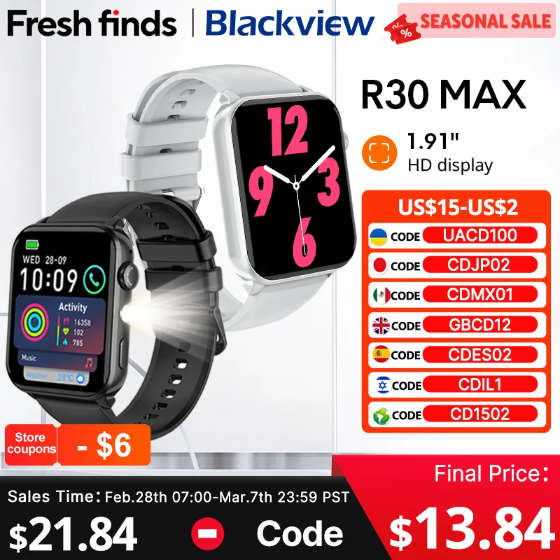 

【World premiere】Blackview R30 Max Smartwatch 1.91" Bluetooth Phone Call Flashlight 350mAh Al Voice Assistant Sports watch