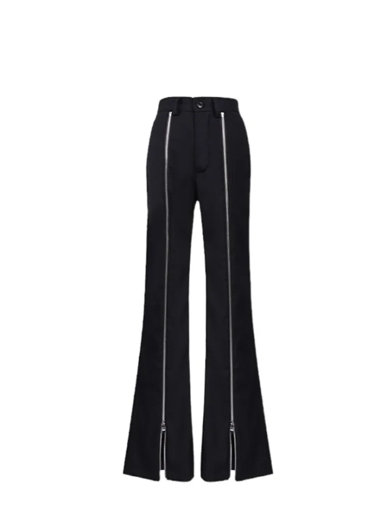 new high-waisted slim slit women casual black zipper tousers