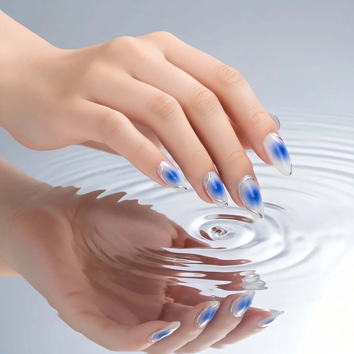 LumiTips Handmade Press on Nails Almond Blue Aura with 3D Silver Swirls Y2K Luxury Fake Nails Ethereal False Nails