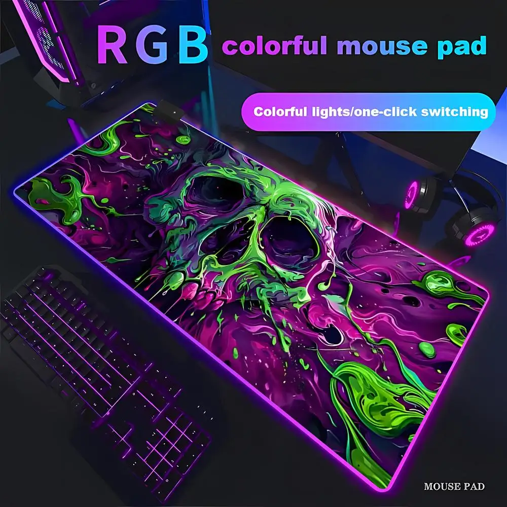 

Игровой коврик для мыши RGB с зелеными и фиолетовыми черепами, большой, HYBXAXC, настольный коврик, противоскользящий коврик для клавиатуры, для ноутбука, для игр, офиса, дома, для письма