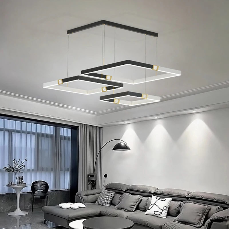 Simple Modern LED Pendant Lights Whole House Multi-layer Aluminum Acrylic Circle Lamp Square Ring Living Room Large Chandelier