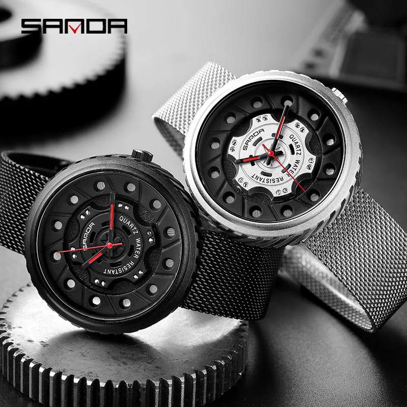 SANDA-reloj de cuarzo redondo para hombre, cronógrafo con pantalla analógica, resistente al agua, con correa de malla, ideal para regalo, 1043