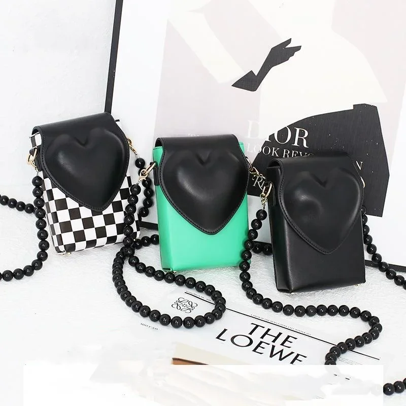 Korean Style Women's High-End Heart-Shaped Chain Bead Niche Mobile Phone Bags Fresh Cute Mini Shoulder Crossbody Bag Handbag