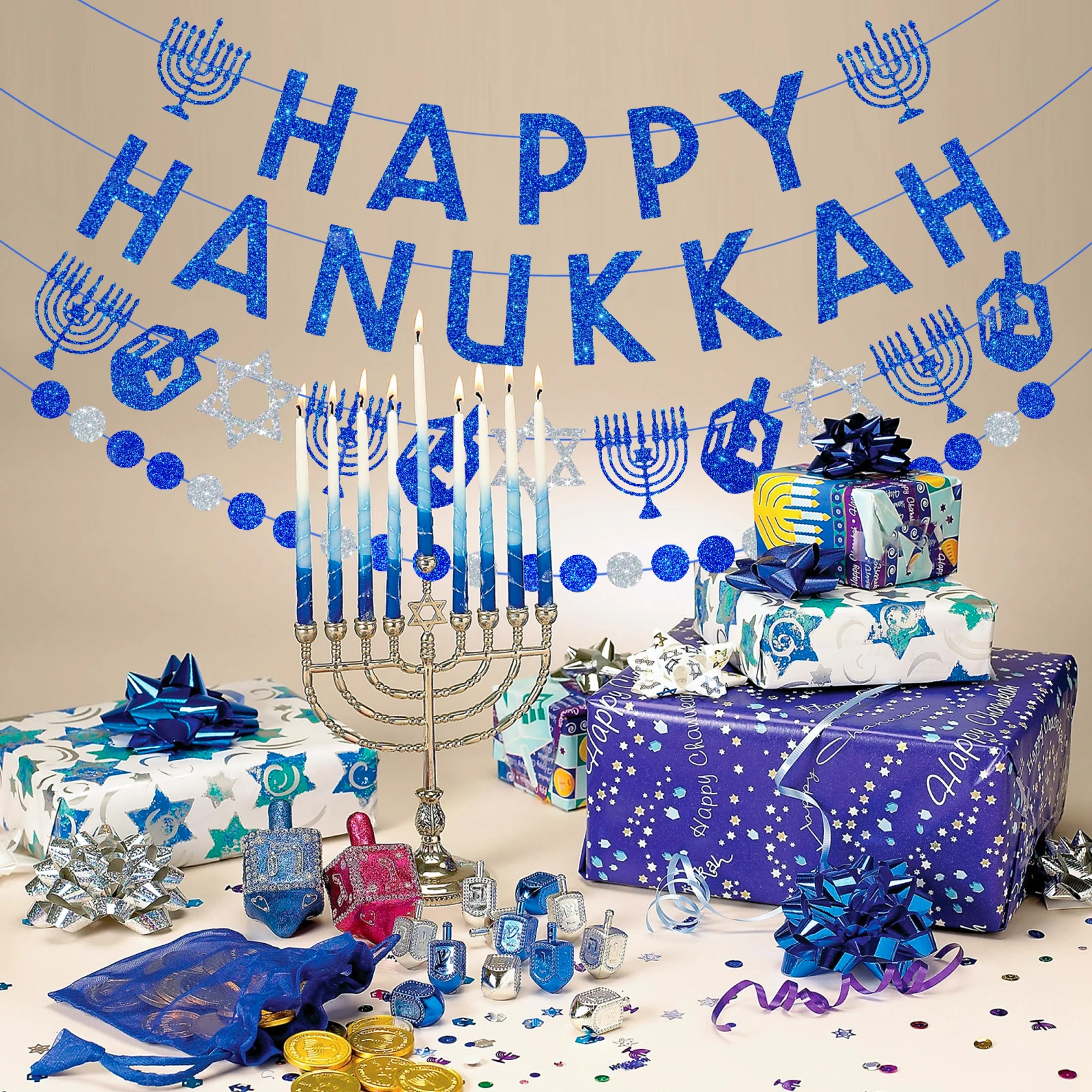 لافتة Happy Hanukkah and Garland Glitter Hanukkah Party Banner لوازم للمنزل والمكتب والديكورات الداخلية والخارجية