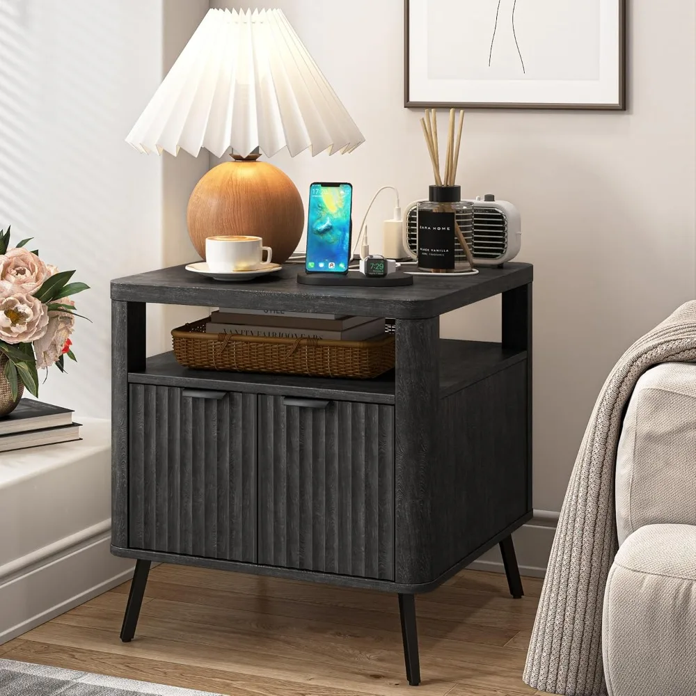 

Night Stand, Black Nightstand with Charging Station, 24" End Table Side Table with Open Shelf, Modern Large Fluted Bedside Cabin