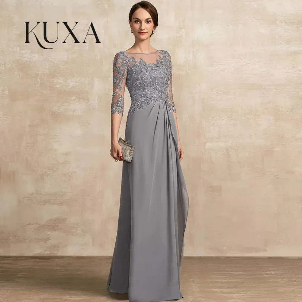 KUXA Customized Elegant Round-Neck Short-Sleeve Satin-Pleated Floor-Length Mermaid Mother of the Bride Gown Wedding Dress Guest