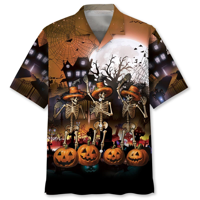

3D Printed Halloween Graphic Hawaiian Shirt For Men Pumpkin Head Skull Blouse Casual Short Sleeve Lapel Tops Loose Aloha Shirts