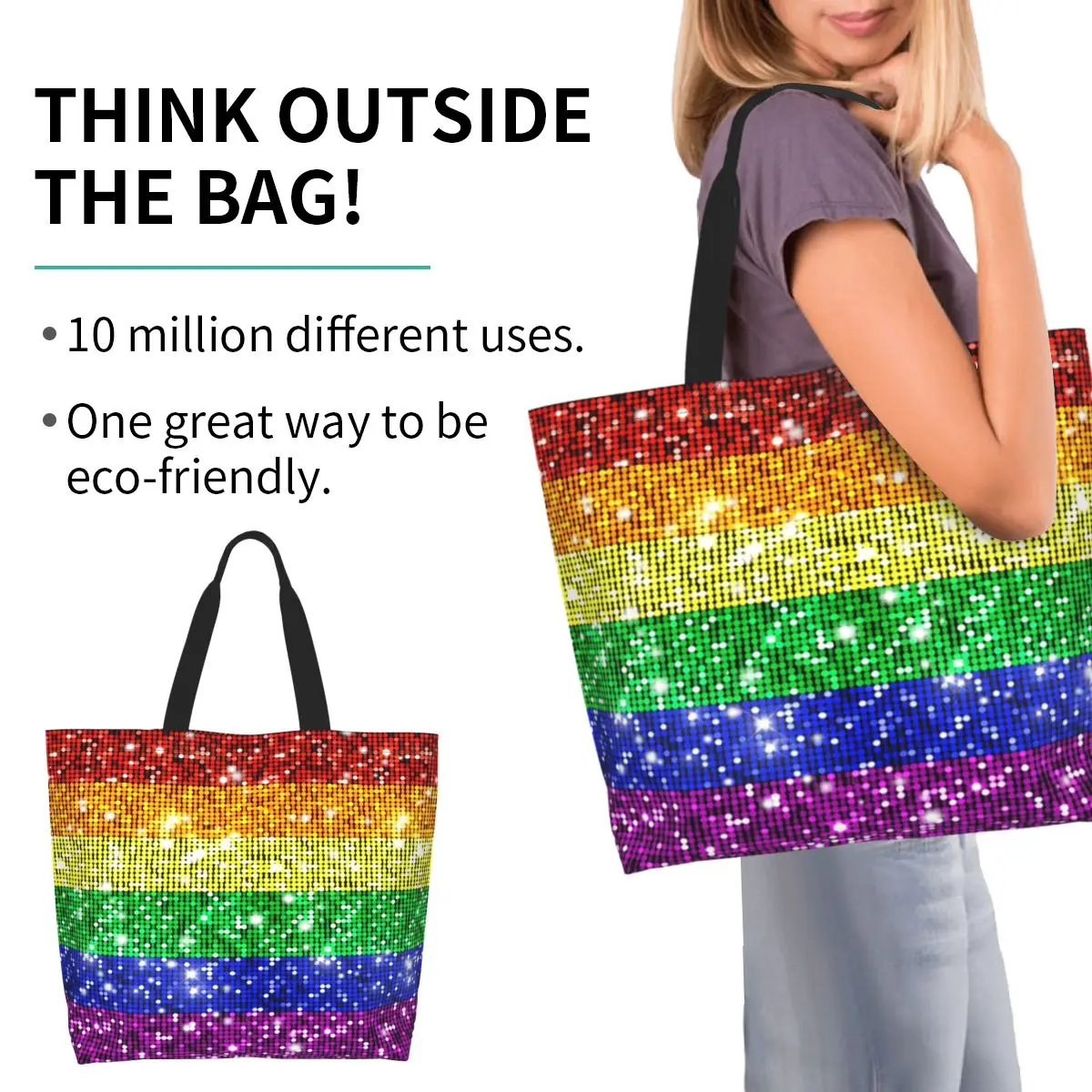 Faux Glitter Rainbow Pride Flag LGBT Gay Lesbian Shopping Tote Bag Canvas Shoulder Bags Shopper Grocery Handbag for Women