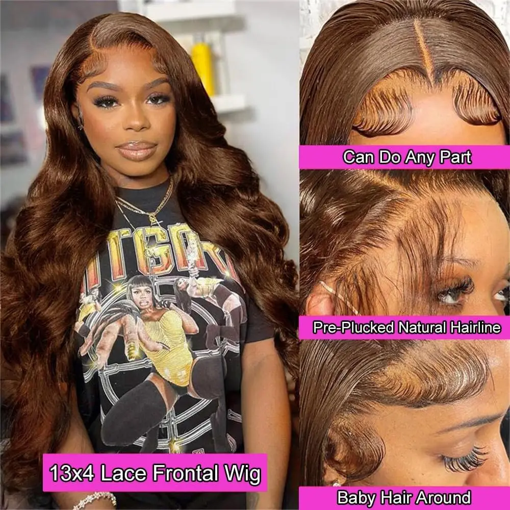 Chocolate Brown Body Wave 13x4 Transparent Lace Front Human Hair Wigs 200 Density 4 Colored Brown Body Wave Wigs Human Hair