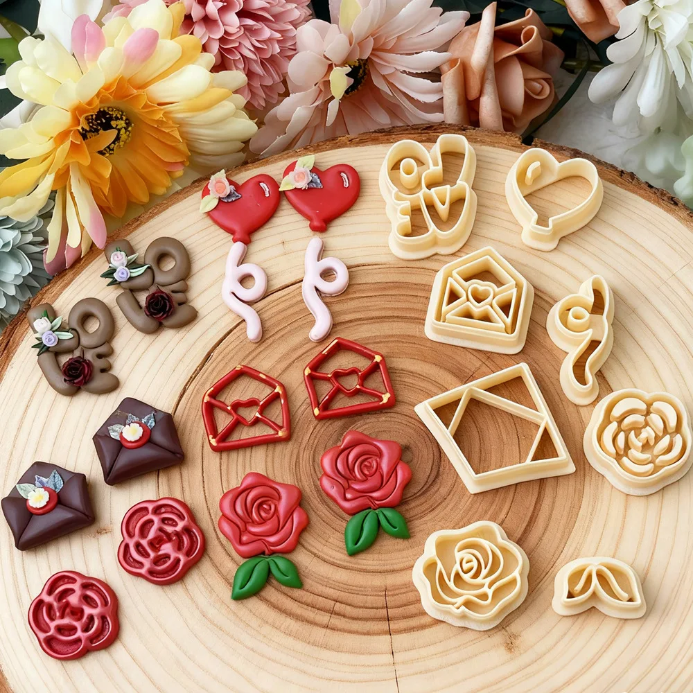 Valentine\'s Days Rose Flower Polymer Clay Cutters Love Envelope Balloon Pottery Clay DIY Earring Embossing Jewelry Cutter Tools
