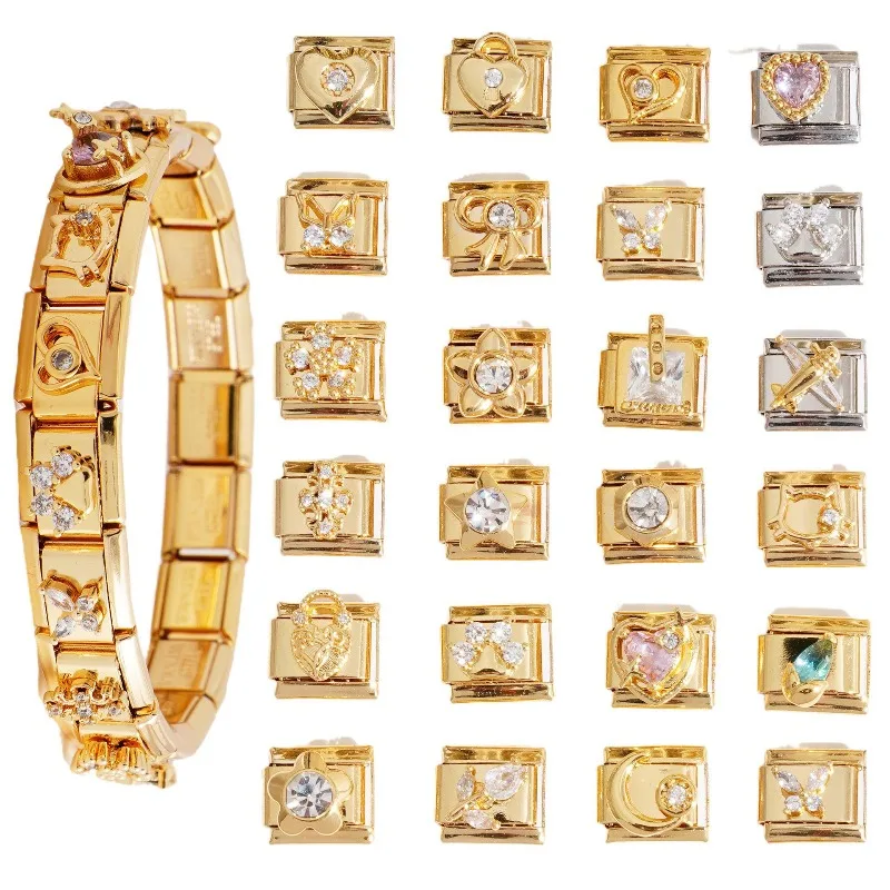 

Stainless Steel Color-Preserving Gold Diversified Shapes Detachable Modular Charm Bracelet Rhinestones DIY Unisex Accessory