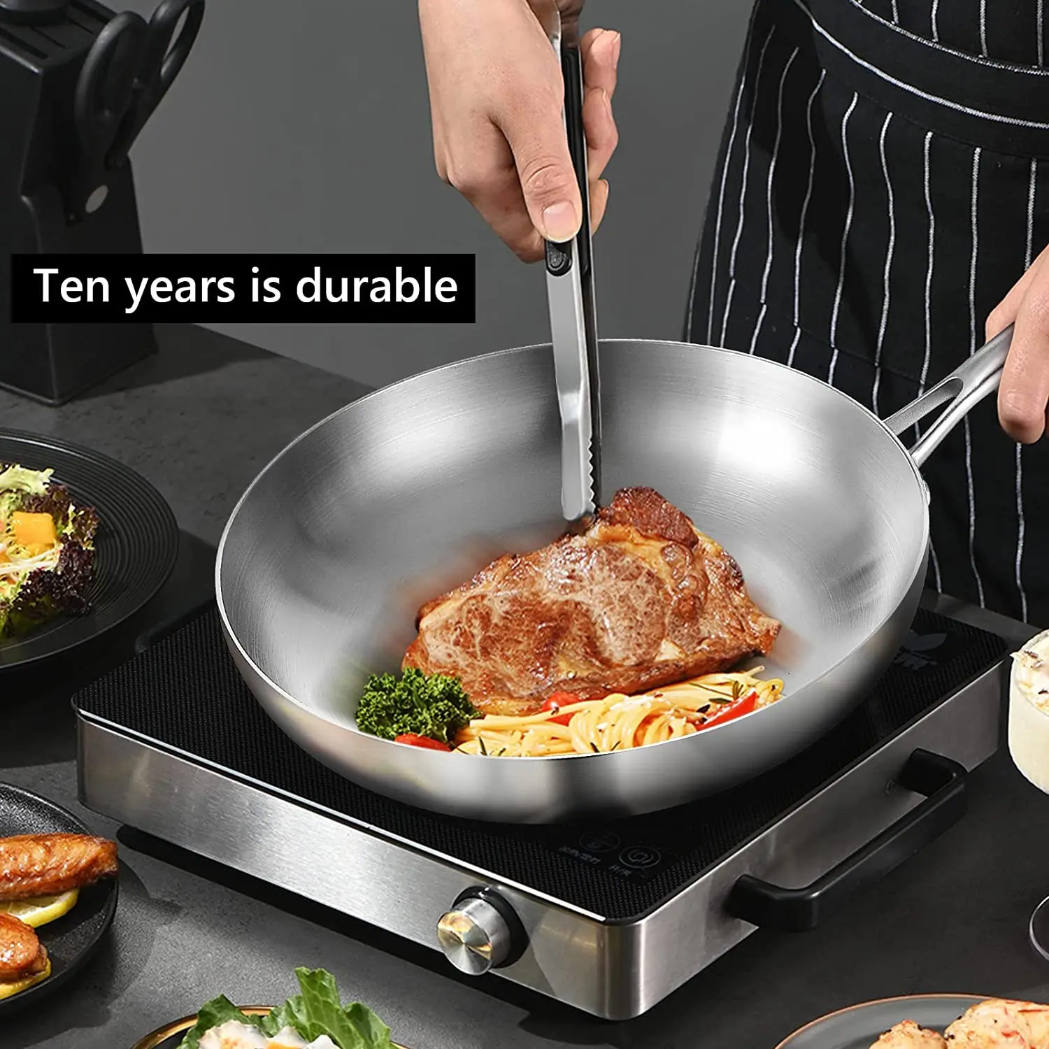 304 Stainless Steel Frying Pan Fried Steak Non Stick Pan Thickened Cooking Pot Compatible with All Kinds of Stoves and Oven Safe