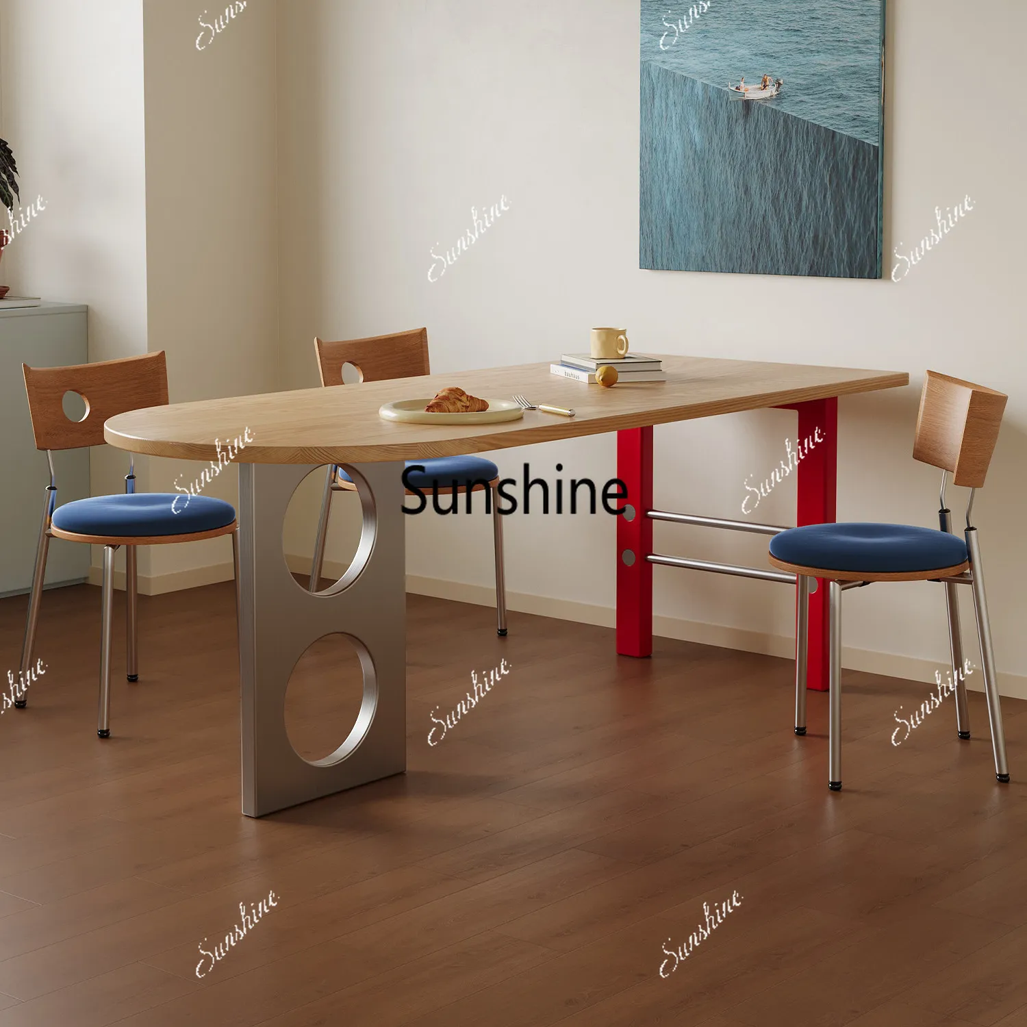 

Modern household solid wood color matching dining table antique semi-oval wall desk