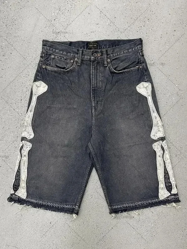 

Retro American Denim Jeans Street Hip Hop Letter Embroidery Bone Casual Loose Jeans orts for Young Men Summer Season