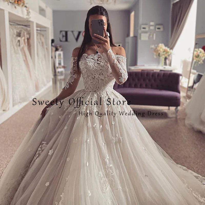 Elegante trouwjurk geborduurd kant op net met prinses baljurk boothals volledige mouw bruid vestido de novia aangepast