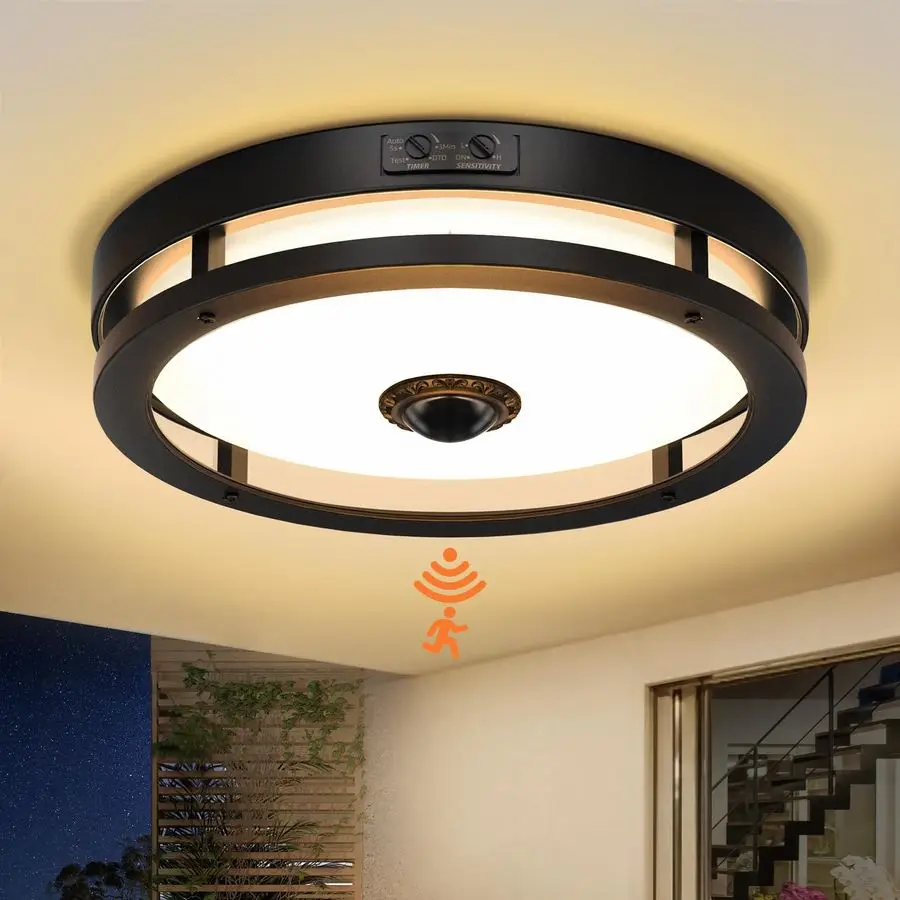 

Outdoor Motion Sensor Flush Mount LED Light, 12 Dusk to Dawn Porch Modern Black Exterior Light, Ceiling Light Fixture for Farmho